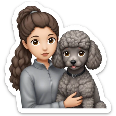 A girl with a brown ponytail holding a grey poodle sticker
