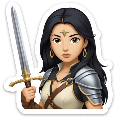 Cinematic Realistic Mulan Portrait, depicted with lifelike skin texture, soft natural lighting, and intricately detailed long black hair styled elegantly. Her deep, expressive eyes exude determination and grace, complemented by a serene yet confident expression. She stands with one hand resting on the hilt of her sword, the other by her side, exuding strength and poise. She is dressed in her classic attire, with rich fabric textures and delicate folds that catch the light beautifully. The portrait features a soft, enchanting glow with a natural, radiant finish, capturing the essence of timeless strength and beauty in a realistic and painterly style, evoking a sense of depth and authenticity. sticker