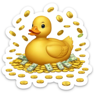 Yellow duck swimming in a pile of gold coins and dollar bills sticker