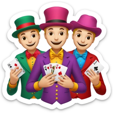 3 poker cards, with crazy colorful human jolly jokers inside, face and torso only sticker