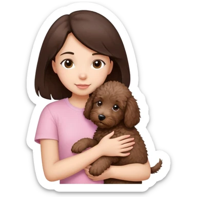 One girl with medium long dark brown hair dressing baby pink T-shirt, hugging One little brown coated labradoodle. sticker