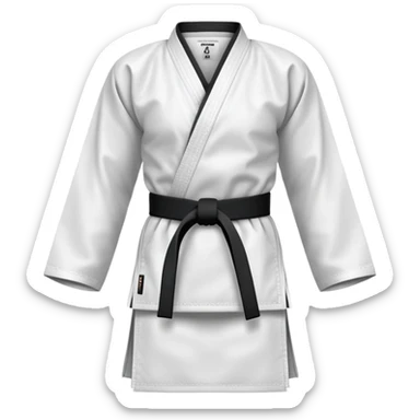 Traditional white karate gi with a black belt sticker