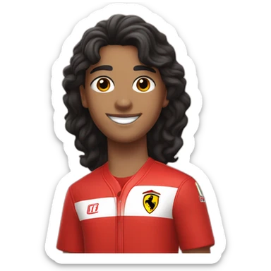 A smiling white teen with a long face in red Ferrari jersey with very short black hair and light green eyes and dig cheeks sticker