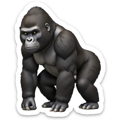 cinematic-friendly gorilla-realistic-full-body-crouched on all fours-emoji,-broad-and-powerful-frame-poised-with-confidence,-massive-arms-hanging-slightly-forward,-head-tilted-thoughtfully,-thick-black-fur,-deep-dark-eyes-full-of-intelligence,-simplified-yet-realistic sticker