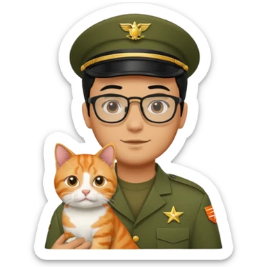 Veterinario hombre trigueño con lentes, con cabello negro, y con uniforme veterinario color verde militar cargando un gato naranja sticker