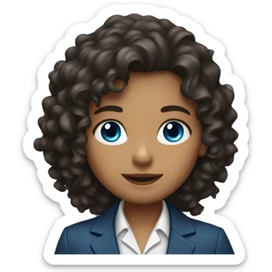 Girl with long dark brown curly hair and blue eyes and a blazer sticker