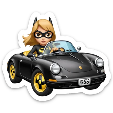 BatGirl driving her satin-black 56 Porsche spider too fast in the country despite the rainy conditions making the tires slippery sliding sideways  sticker