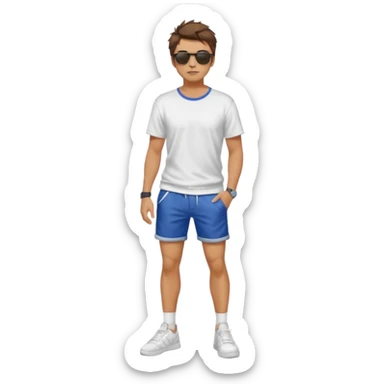 Handsome. Male. Short brown hair. Messy hairstyles. Sunglasses. Sexy pose. Full body. Wearing shorts. White tekkies sticker