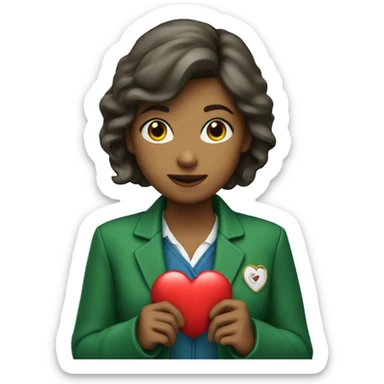 A female teacher in a green jacket holds a heart in her hands sticker