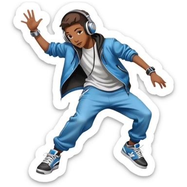 Icon for Street Dance: a dancer in urban streetwear performing a dynamic lower breakdance move, with a spray-painted background, headphones, and a boombox on the asphalt. The icon should capture the energy, style, and creativity of street dance culture. Transparent background. sticker