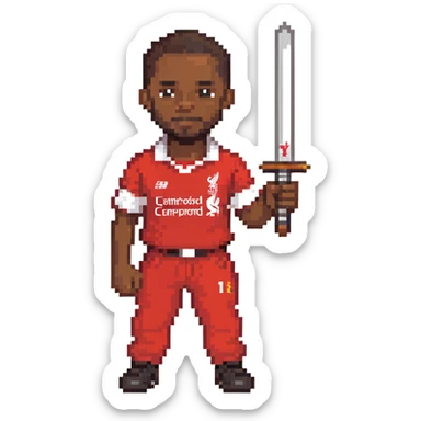 A black man holding a sword, wearing a Liverpool FC shirt and trousers sticker