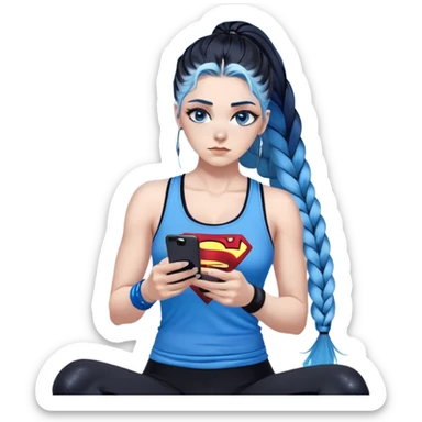 Shameful and disappointed-Female-very very very larger chest-texting on a samsung cell phone-very long straight braided black to sky blue hair ombre-blue eyes-black eyeliner-long eyelashes-glitter and sky blue very low cut tank top with superman logo-black leggings-nike hightop sneakers sticker