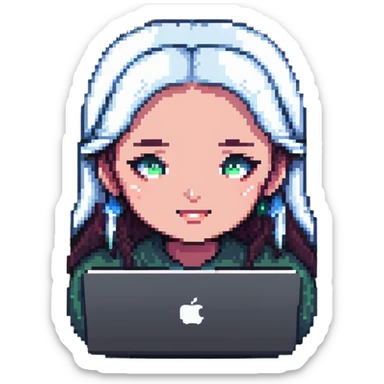 a girl's face working behind a MacBook, pixel art style sticker