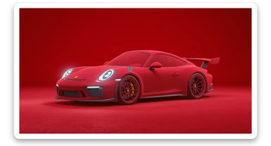 Medium shot of a porsche 911 made of carpet, red solid studio background, top soft light sticker