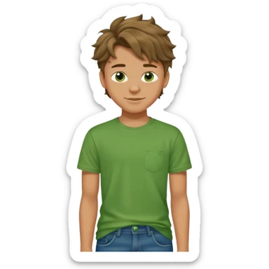 A 14 yerar old teenage boy, tanned, wearing a green t-shirt , blue jeans and green sneakers with brown wavy tousled hair, smirking sticker