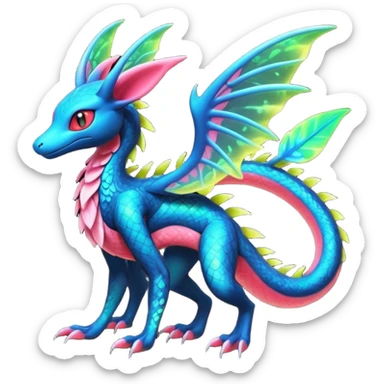 Colorful bioluminescent translucent ornate glowing neon Salandit-Tropius-Flygon-Sylveon-Umbreon-fusion-Pokémon-hybrid-creature  sticker