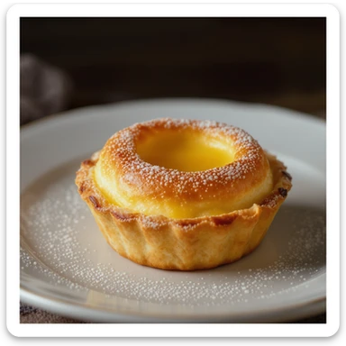 realistic illustration of a typical Portuguese pastry, pastel de nata, golden custard tart in a flaky crust, professional photography style sticker