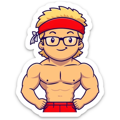 Man with black and white cap, shirtless muscular body, red shorts, clear glasses, messy light blond mullet hairstyle, flexing muscles and smiling sticker