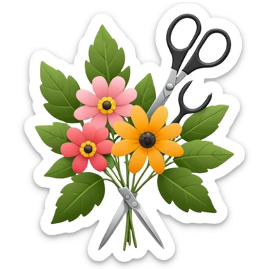 Minimalistic flat vector icon, iOS style, thin black contour on white background. Flower bouquet with leaves and scissors. No text, no shadows. sticker