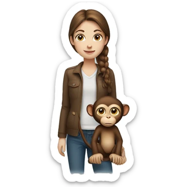 a girl with brown hair and blue eyes holding a monkey sticker