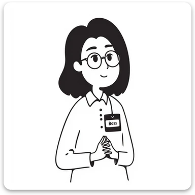 Asian girl, glasses, white shirt, work tag with her Asian young male boss's name, simple line drawing style sticker