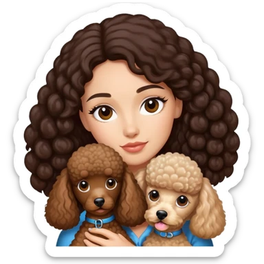 woman with long dark brown hair holding a poodle sticker
