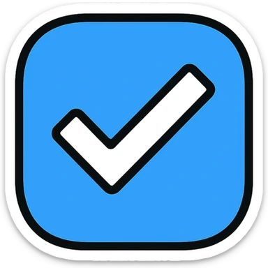 white check mark centered in a rounded blue square, flat design, modern icon style sticker