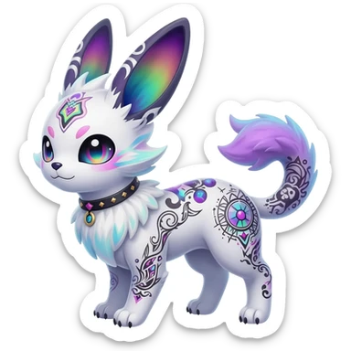 Rare neon iridescent white exotic cute epic aesthetic gothic colorful Salandit-Eevee-Civet-species-Fakemon-hybrid-creature, with intricate tattoo markings, full body sticker