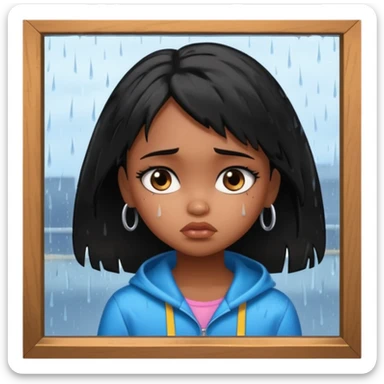 generate a pretty bratz brown skinned girl with messy black hair looking out of the rainy window, looking very sad. SIDE ANGLE sticker
