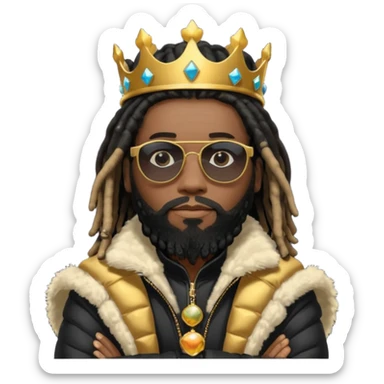 African American man with shoulder length black dreadlocks with black beard wearing  dark black sunglasses with a black bubble winter coat wearing a crown with arms folded sticker