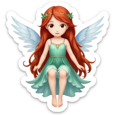 Une magnifique fée avec un visage d’ange  avec de belles ailes une magnifique robe naturelle avec de très long cheveux roux avec des yeux marrons de belle jambe et une belle pose sticker