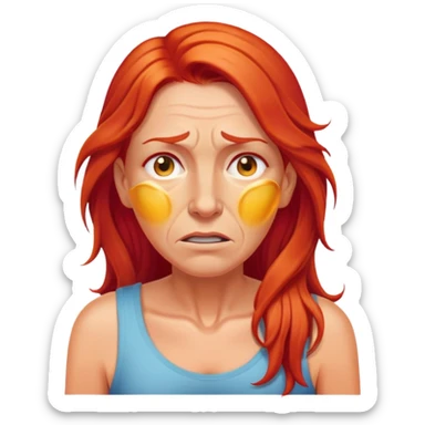 50 year old woman sweating suffering heat long red hair sticker