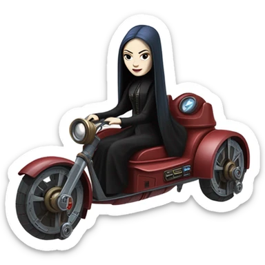Jedi teen Morticia Addams flying a old red and blue Jumpspeeder anti-gravity repulsorlift powered by an imperial speeder steampunk  sticker