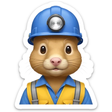 a mole rat, blue helmet, headlamp, yellow worker cloth sticker
