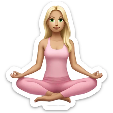 blonde long hair and green eyes yoga girl in light pink clothes sitting on a yoga mat sticker