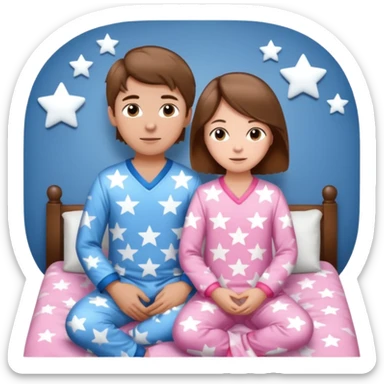 Brown haired boy with blue pajamas with stars on them and a brown haired girl with pink pajamas, and stars on them sticker