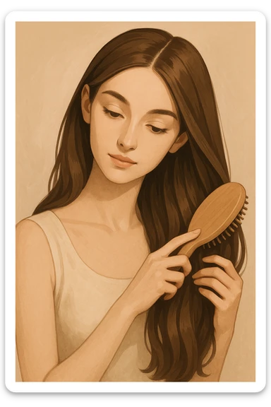 pretty girl gently brushing her long brown hair, soft lighting, delicate features, elegant and serene expression, modern illustration style sticker