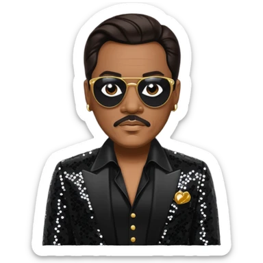 Charlie Wilson with dark brown hair, black sequin outfit sticker
