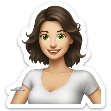 brunette woman holding fernet branca glass smiling green eyes big white t-shirt sticker