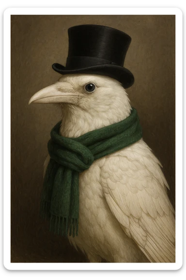 a white crow with a green scarf and a top hat sticker