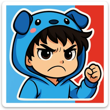 Edit the boy's face to have an angry, frowning expression, keeping the original cartoon style and quality consistent with chibi stickers style. sticker
