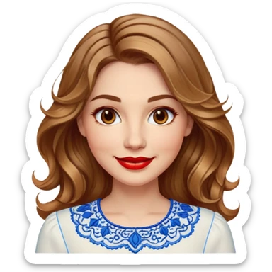 Friendly woman in her late 30s with luminous fair skin, round face, wide smile, large light brown eyes, vibrant red lips, shoulder-length dark blonde wavy hair with highlights, wearing white blouse with blue embroidery and electric blue neckline sticker