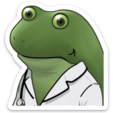 bufo frog wearing a white doctor's coat, sad eyes looking directly at the camera sticker