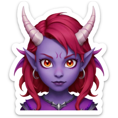 Demon Girl Purple Skin Dragon Horns Black Eyes Red Glowing Pupils Auburn Haired Red Shirt  sticker