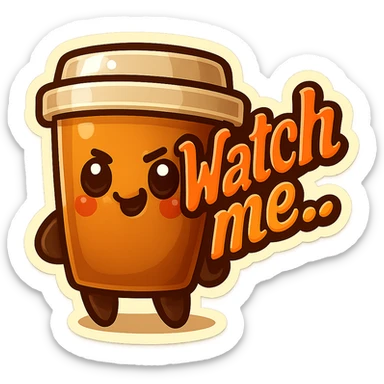 Tall coffee cup, mischievous eyes, "Watch me..." sticker