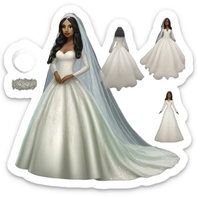 Hyper Realistic ornate ballgown long sleeve Wedding dress with diamanté on Russian bride with pale skin and green eyes and long black hair with veil hyper realistic  sticker