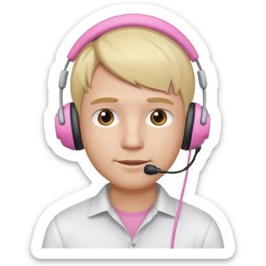 guy with blonde hair, white shirt and pink headset sticker