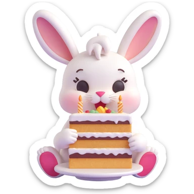 cute rabbit eating cake, 3D emoji style sticker