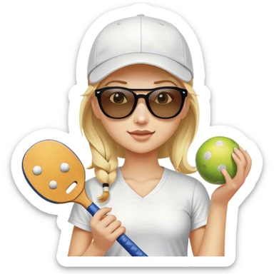 Girl with blond hair in a ponytail wearing sunglasses and a white baseball cap holding a pickleball sticker