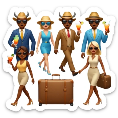 generate an emoji of a group of up to 8 male and female bulls travelling together on holidays. One bull has a suitcase, one has sunglasses, one is carrying a cocktail. They're all in motion, walking together sticker